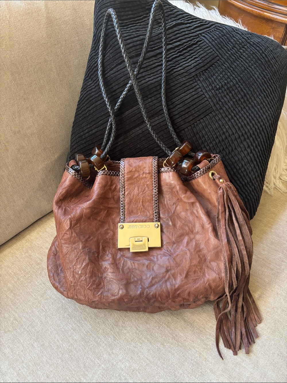 Jimmy Choo Brown Leather Drawstring Shoulder Bag with Tassel